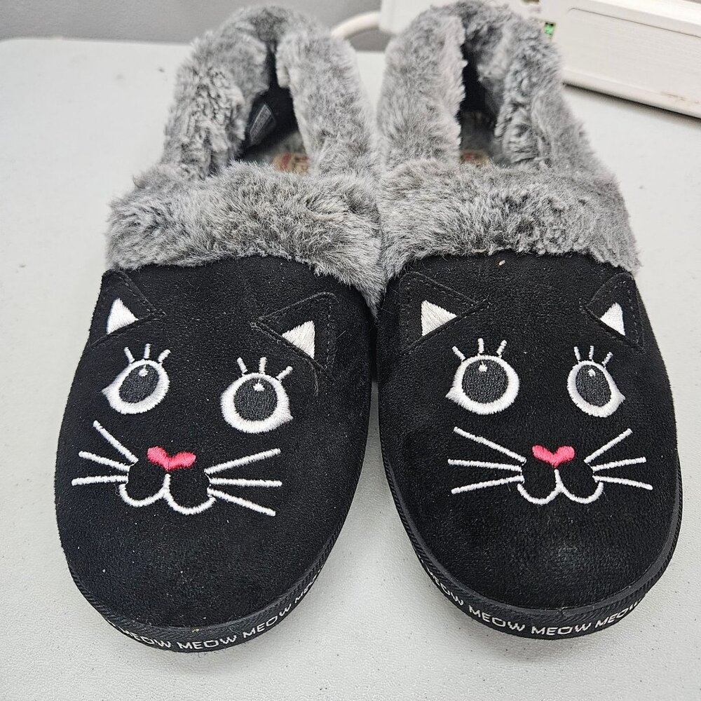 Skechers Bobs Slippers 7.5 Cat Face With Furry Trim Cute Black and Gray